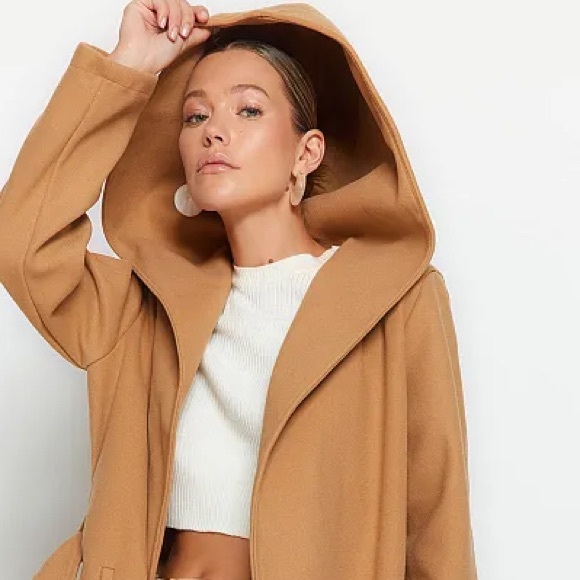 Brave Soul Long Hooded Wrap Coat Camel Size Small - Picture 2 of 11